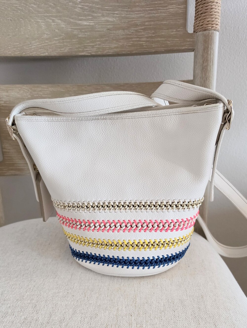 White COACH Bucket Crossbody Bag with Multicolor Trim - Picture 4 of 7